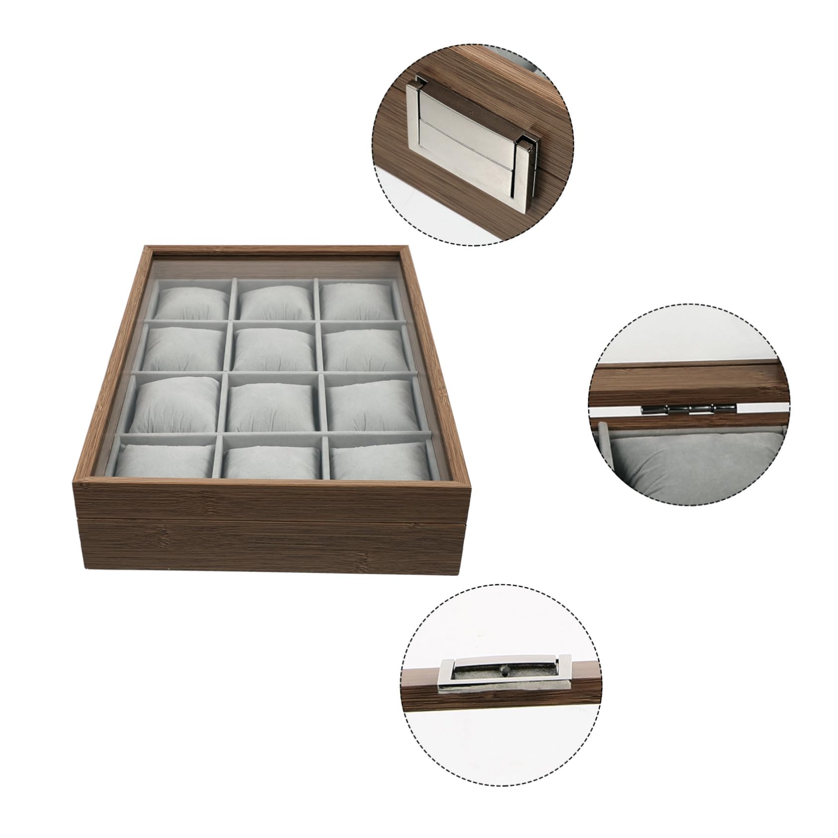 POPETPOP Vassoio Espositore in Legno con 12 Scomparti per Orologi e Braccialetti, Cuscini Morbidi Rimovibili, Organizer Elegante per Uso Personale e Decorazione Casa