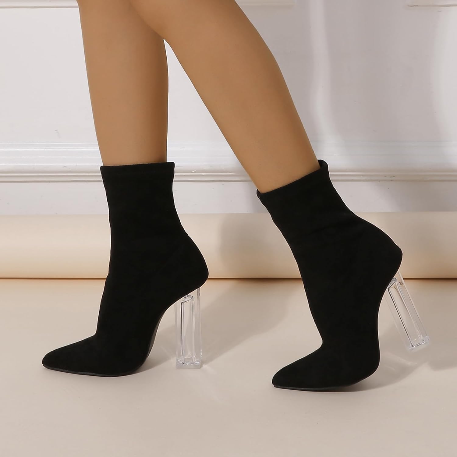 Women's Clear Heel Pointed Toe Ankle Boots,Fashion Crystal Clear High Heels Comfortable Outdoor Party Slip-on Elastic Suede Sock Booties