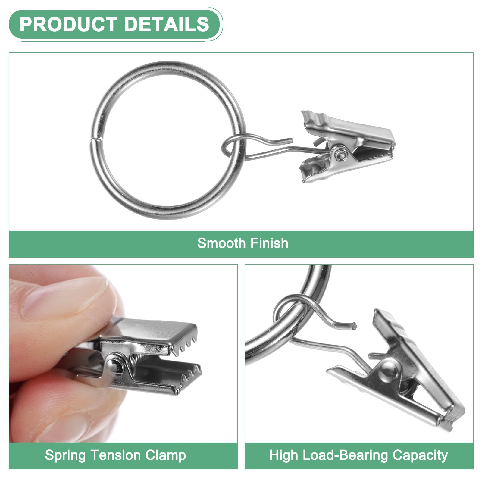 M METERXITY 100-Pack Mist Silver Curtain Rings with Clips, Rustproof Metal Curtain Hooks with Clips - Image 2