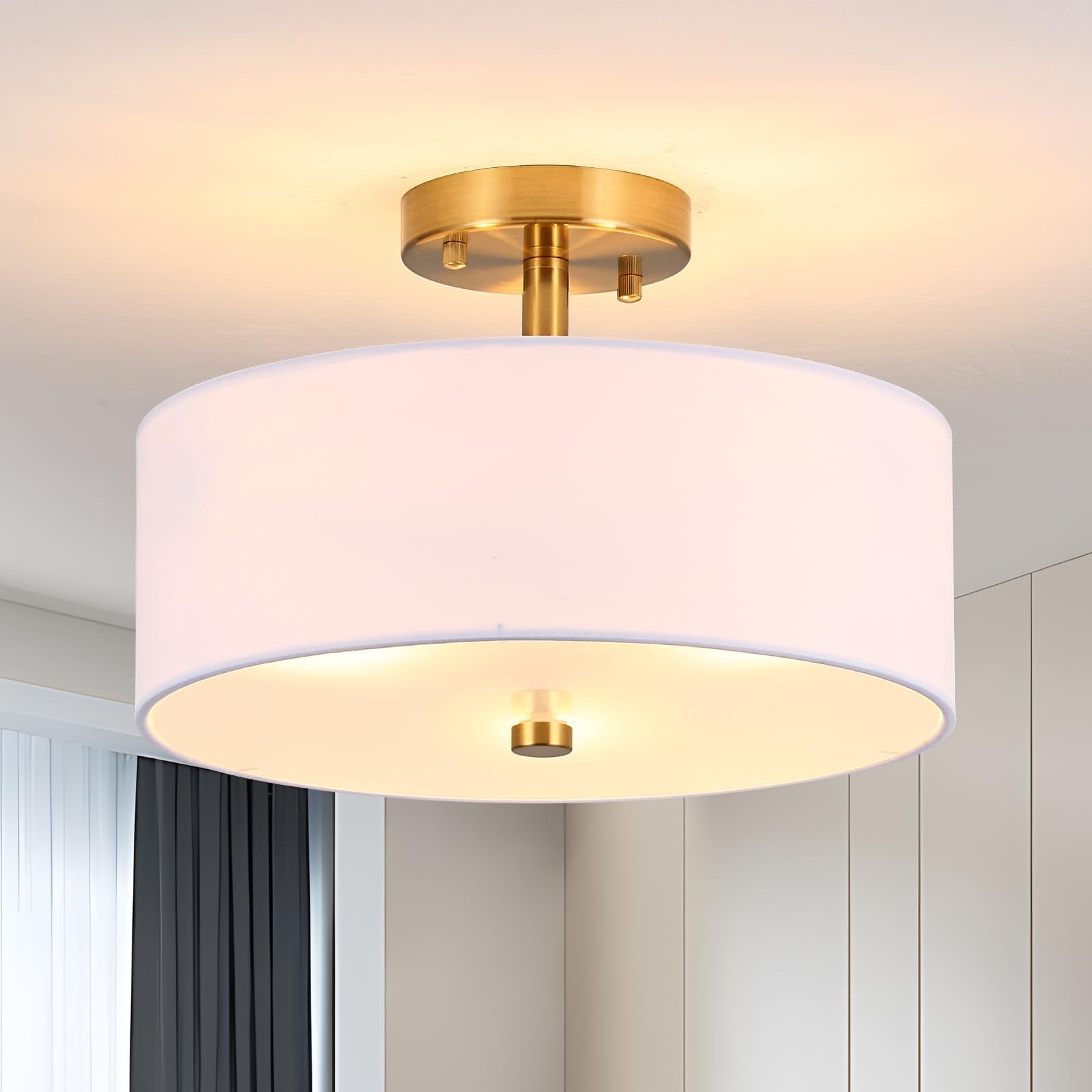 12" Gold Semi Flush Mount Ceiling Light,Drum Light with White Fabric Shade