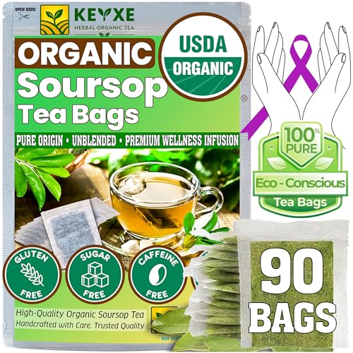 KEYXE - USDA Organic Soursop Graviola Leaves Tea 90 Bags. Non-GMO Verified , 100% Organic Soursop Leaves for Digestion, Boosting Immune, Improving Sleep &amp; Skin Health, Gluten Free, Caffein Free , Hojas De Guanabana Tea Organica, Eco-Conscious Tea Bags