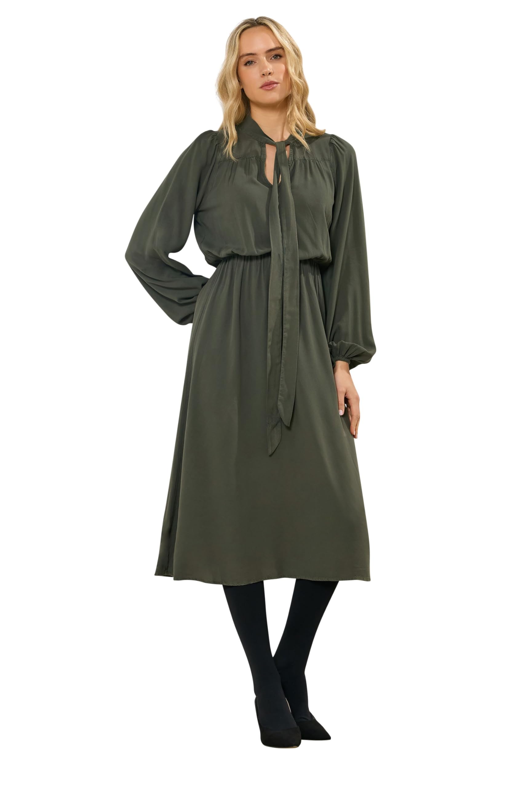 Long Tall Sally - LTS Tall Green Acid Wash Tie Neck Midi Dress - Women's