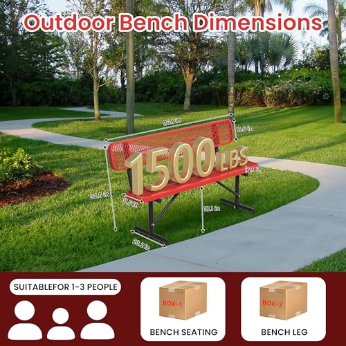 Image of 6ft Metal Park Bench with Backrest, Heavy-Duty Steel Outdoor Bench Weatherproof Playground Bench Seats, Commercial Garden Benches Red Dock Benches for Lawn, Park, Deck,Patio, Porch, Easy Installation