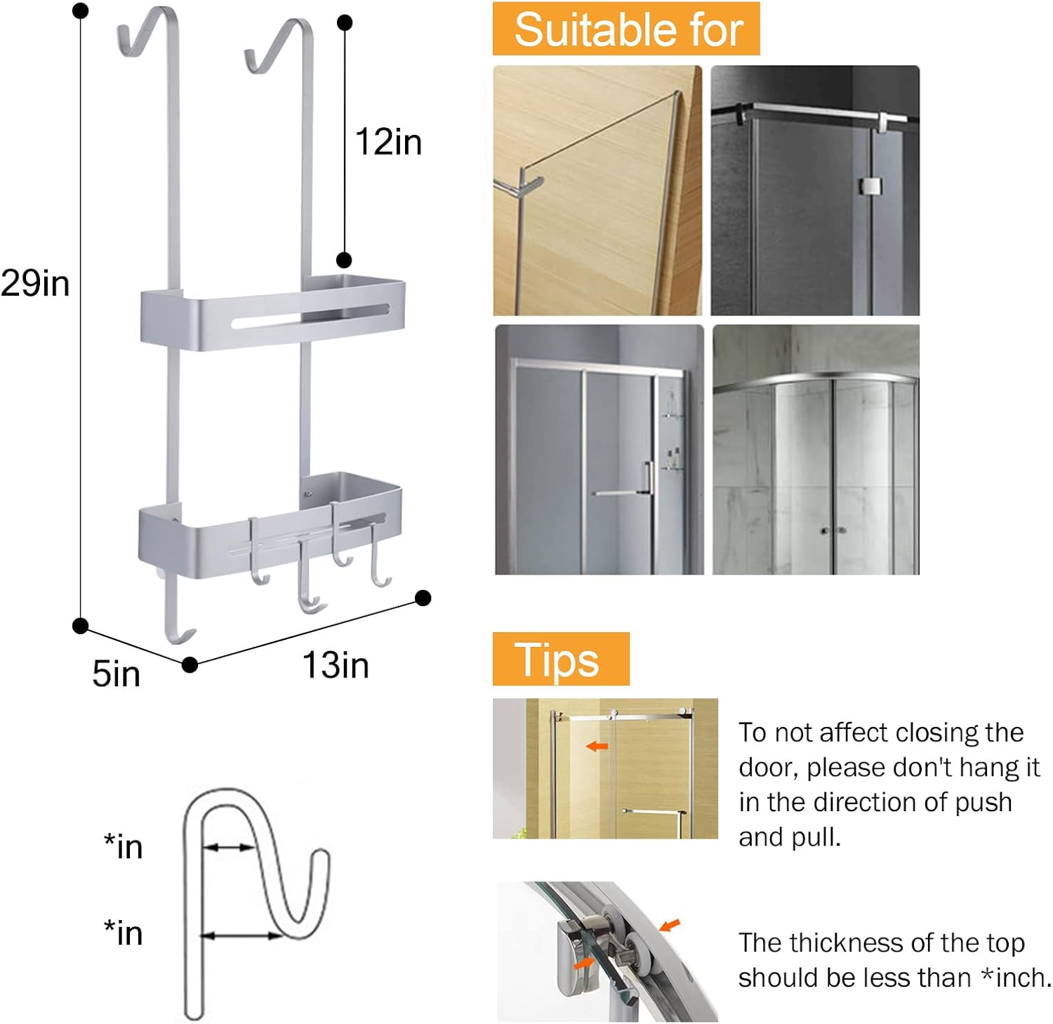 UIFER Shower Caddy Over The Door, Rustproof Aluminum Shower Caddy, Shower Door Storage Organizer with a suction cup, Hooks and Basket