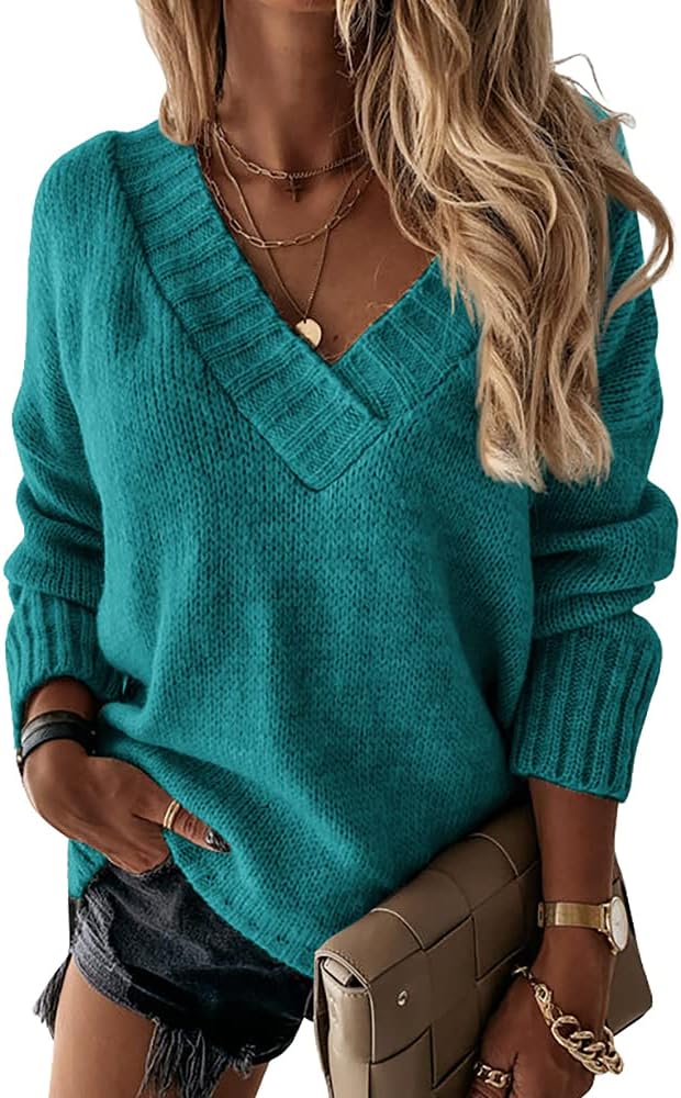 Womens Loose Sweaters Sexy V Neck Long Sleeve Solid Knitted Jumper Pullover Sweatshirt Tops