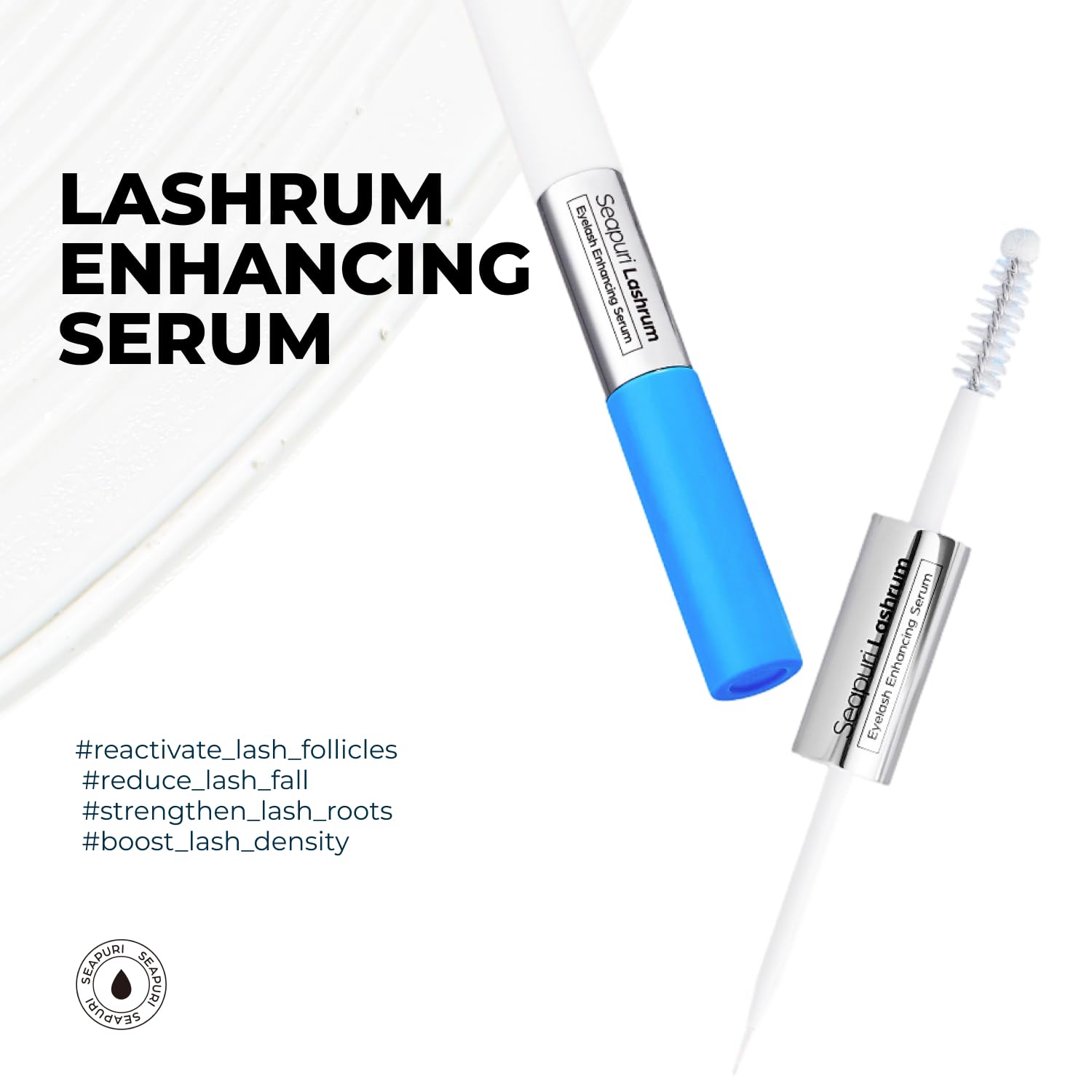 Seapuri Serum wzmacniające rzęsy Lashrum | Serum Do Wzrostu Rzęs Z Kofeiną, Peptydami I Biotyną | Dla Dłuższych I Obfitych Rzęs | Podwójna szczotka do precyzyjnej aplikacji
