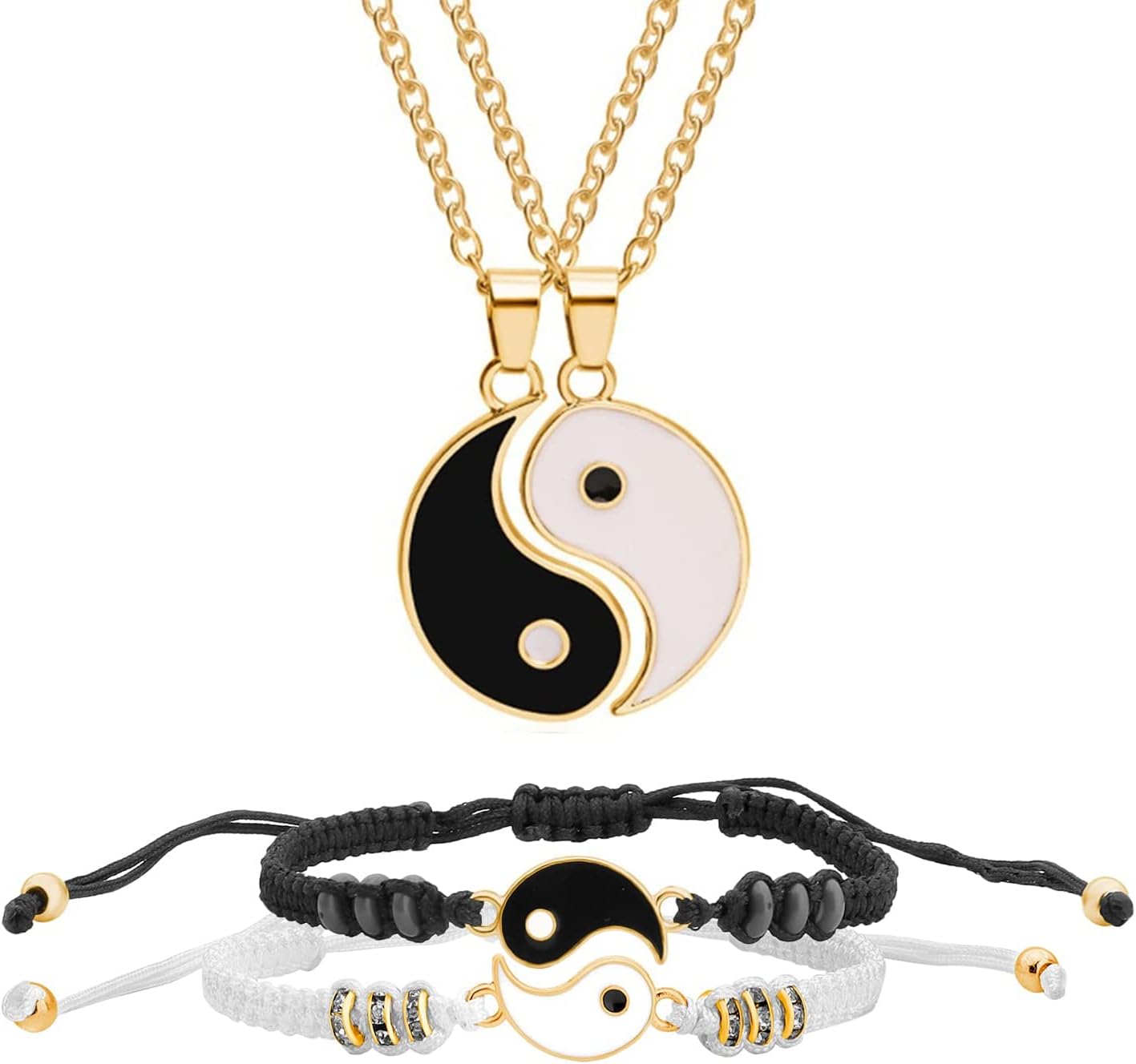 Amzuia 4 Pieces Matching Yin Yang Friend Couple Bracelets with Necklace Set, Yin Yang Adjustable Black Cord Bracelet Couple Pendant Necklace Friendship Necklace Valentine's Day Jewelry