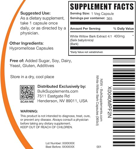 Miniatura 2 de BULKSUPPLEMENTS.COM Cápsulas de corteza de sauce blanco, suplemento de hierbas, extracto de corteza de sauce blanco, vegano, 400 mg por cápsula, 1