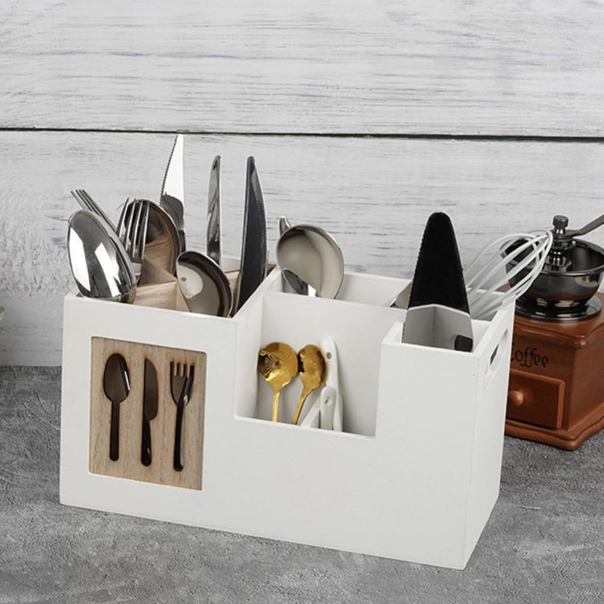 Angoily Boîte de Rangement pour Ustensiles Cuisine en Bois Blanc, Résistante aux Rayures, pour Organiser Couverts et Garder Ustensiles Accessibles Cuisine