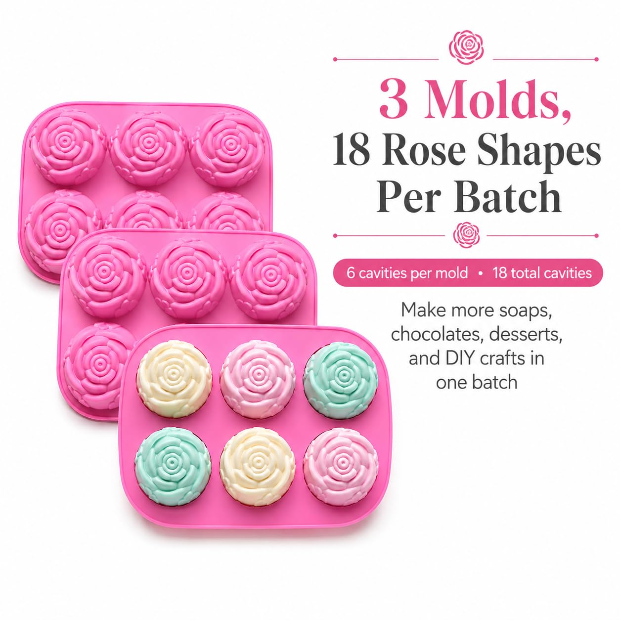 Paquete de 3 moldes grandes de silicona para cubitos de hielo y jabón, diseño de rosas