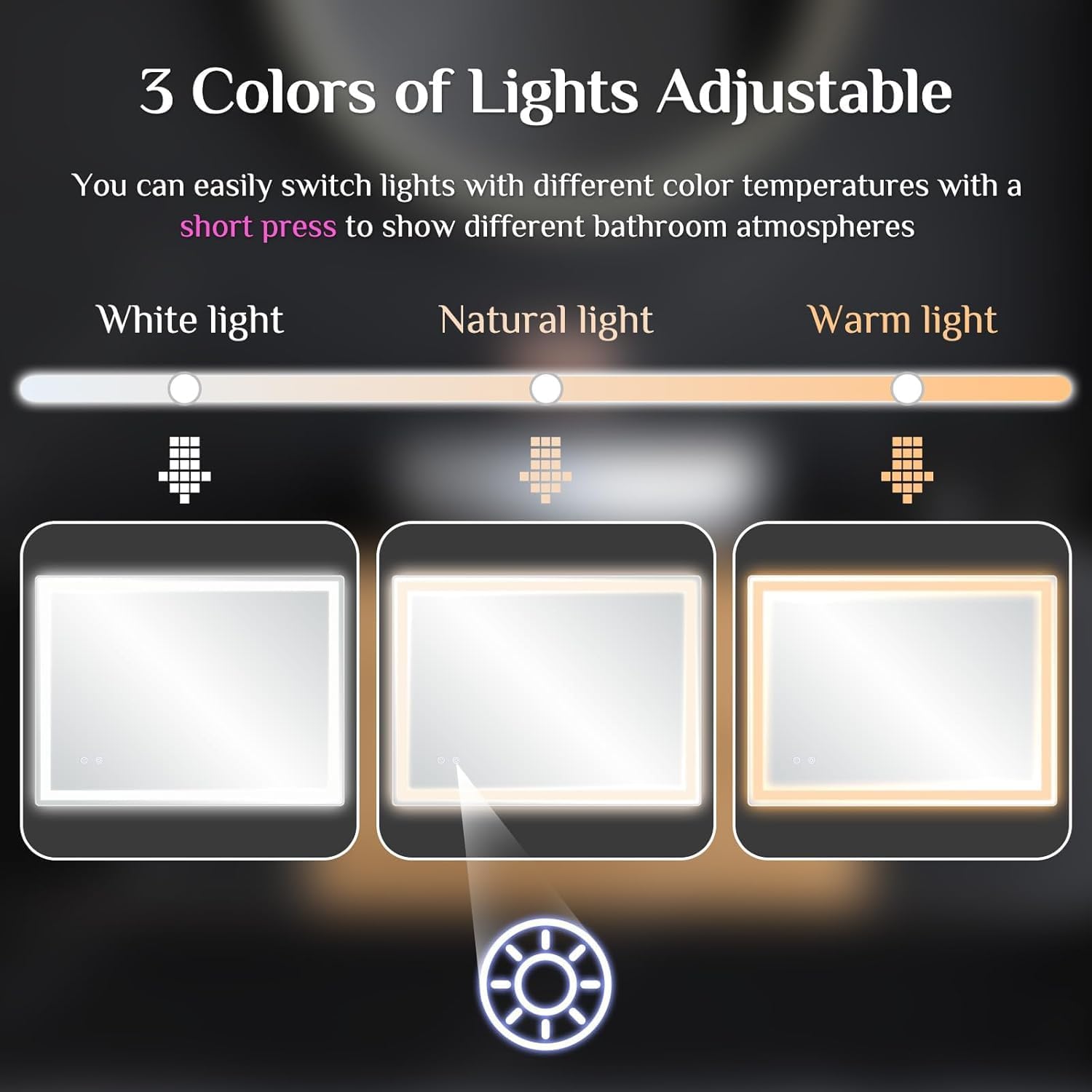 Clevich Badspiegel mit Beleuchtung 80 x 60 cm, LED Spiegel mit 3 Lichtfarben und dimmbar, Touch-Schalter und Beschlagfrei, gehärtetes Glas, Badezimmerspiegel mit Licht