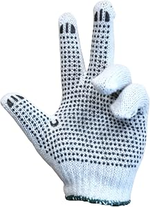 Gants en poly/coton tricotés avec points en PVC noir - Non blanchis (taille large) - 1 douzaine de paires