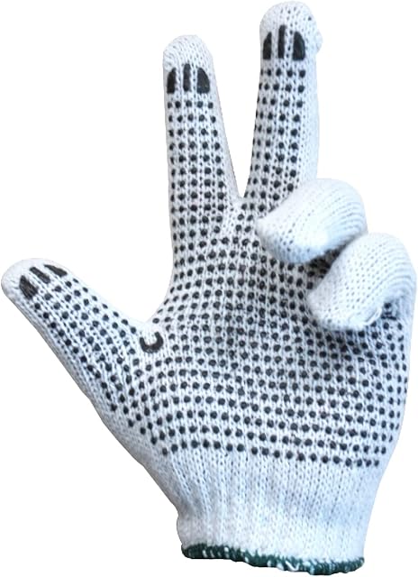 Knitted Poly/Cotton Gloves with Black PVC Dots - Unbleached (Large Size) - 1 Dozen Pairs