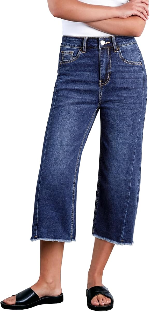 Pantalones vaqueros capri de talle alto, pierna ancha, elásticos, dobladillo sin rematar, costura lateral, pantalones de mezclilla Zimbaplatinum