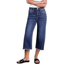Sidefeel Womens Capri Jeans High Waisted Wide Leg Stretchy Raw Hem Side Seam Zimbaplatinum Denim Pants