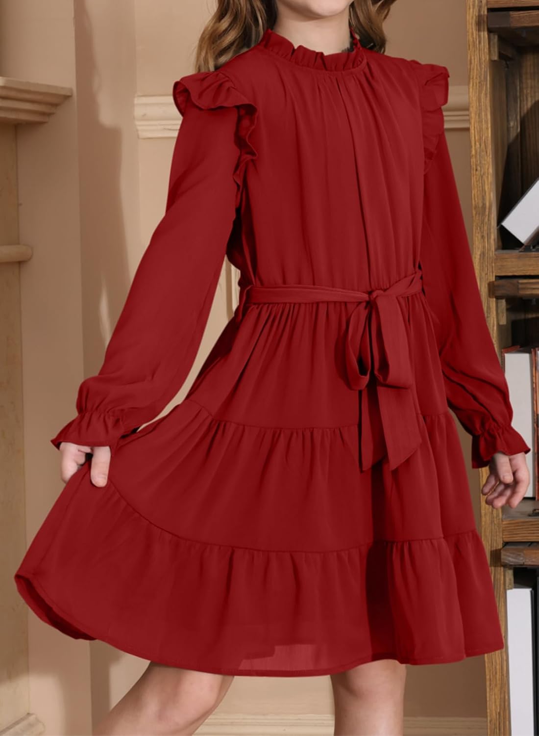 blibean Girls Long Sleeve Fall Dresses Tween Casual Ruffled Swing Formal Dressses Belt Size 4-15 Years - Image 3