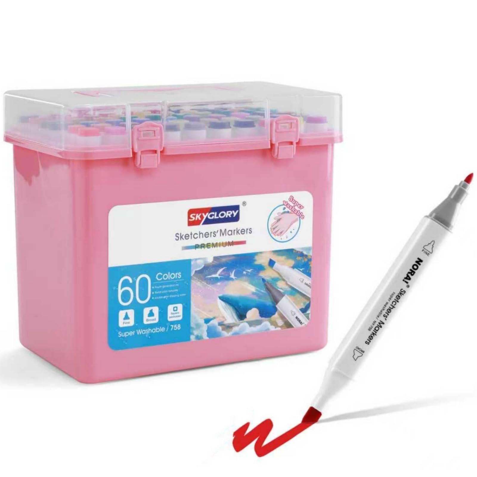 SKYGLORY 60 Colour Dual Tip Markers Set, Washable Odourless Chisel & Fine Tip Markers for Art Beginners & Young Artists (Pink Bucket)