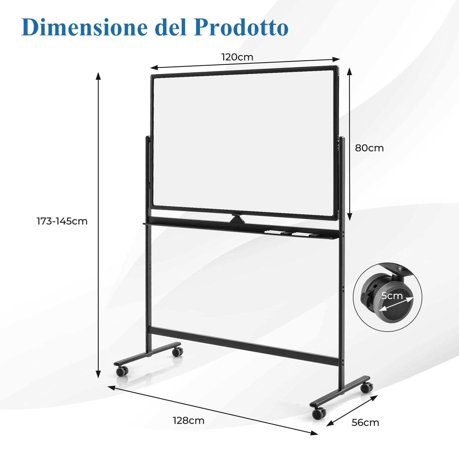 GYMAX 120 x 80 cm Lavagna Mobile Doppia Faccia, Regolabile in Altezza con Pennarelli & Gomma, Ruote Bloccabili, Struttura Metallica, Lavagna Cancellabile Reversibile per Scuola, Ufficio (Nero)