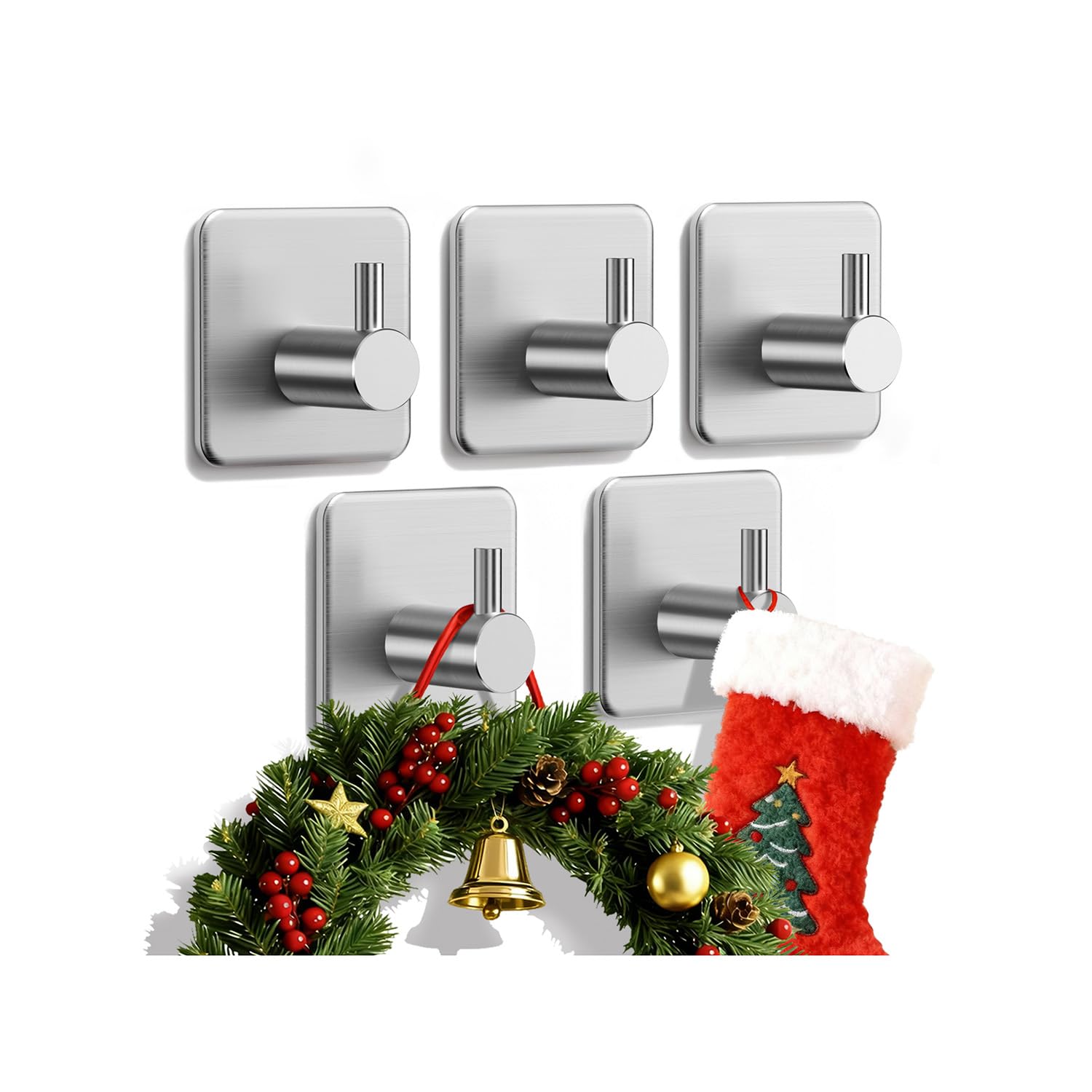 Auxmir 5 Pack Self Adhesive Hooks, Max 10kg Heavy Duty Sticky Hooks, Stainless Stick on Towel Hook, Nail Free Adhesive Hook for Kitchen, Bathroom, Cupboards, Office, Doors, Walls, Coats, Keys