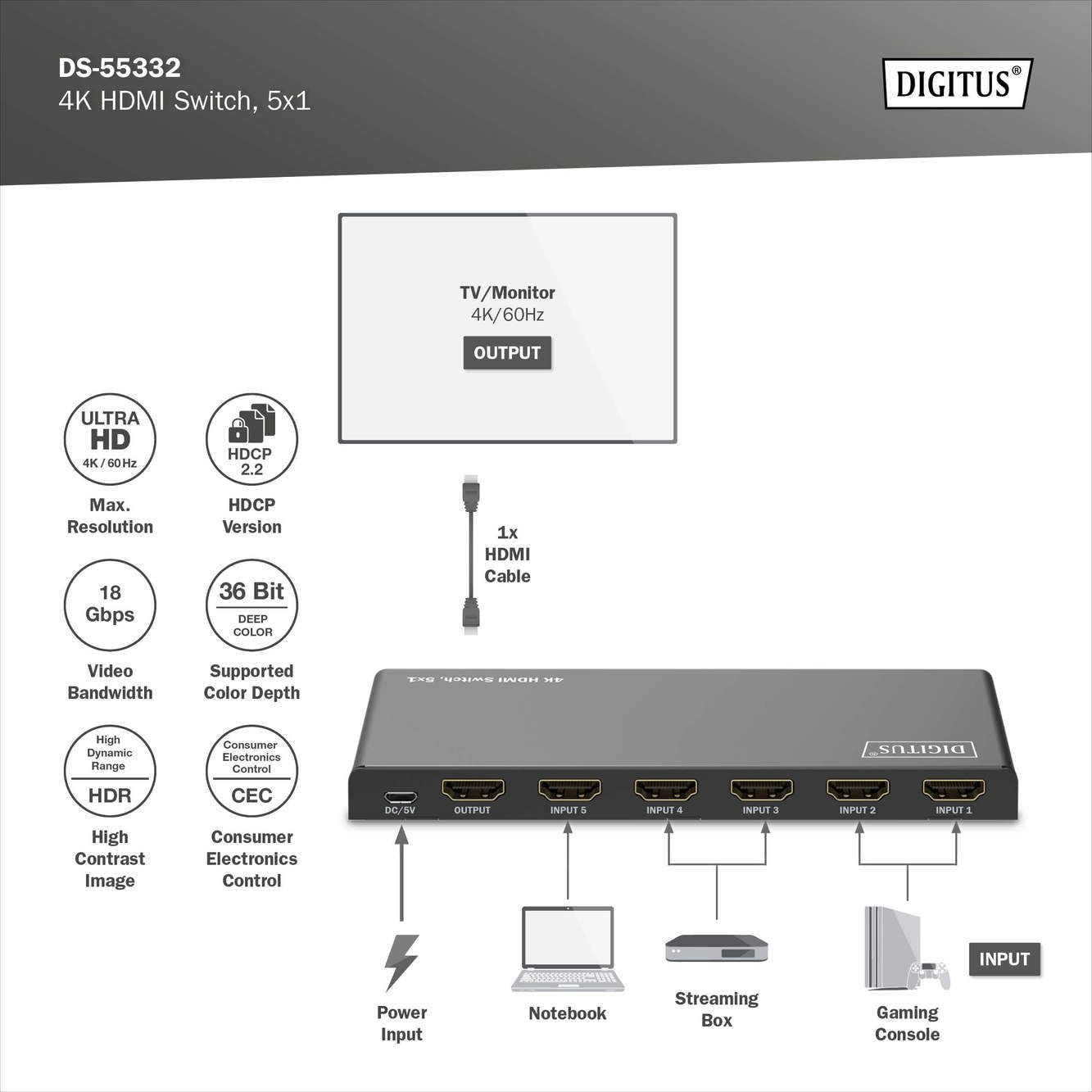 DIGITUS Conmutador HDMI 5x1 – 5 entradas, 1 Salida – UHD 4K/60 Hz – | HDMI 2.0, HDCP 2.2 – HDR, CEC, Deep Color, DTS, Dolby Digital, LPCM – Para televisores, monitores, consolas de videojuegos