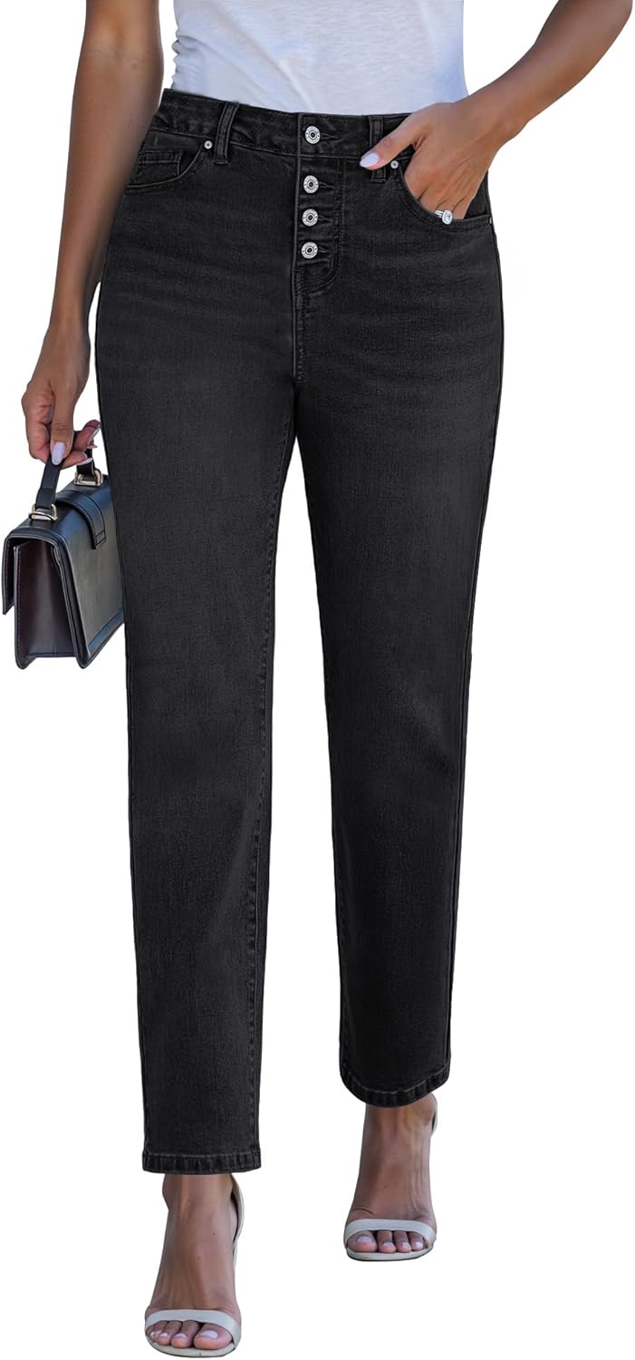 luvamia Straight Leg Jeans for Women High Waisted Trendy Button Fly Trouser Jeans Stretchy Denim Pants with Pockets