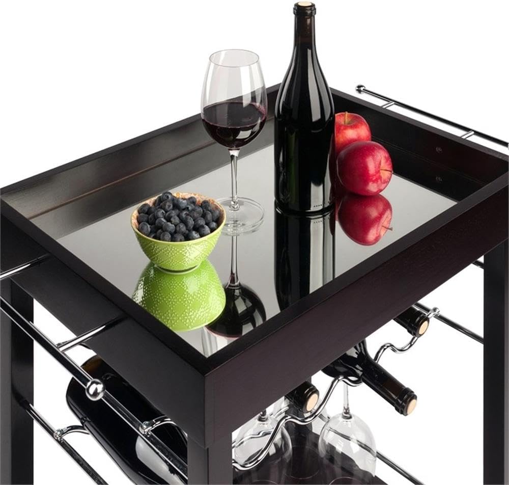 Pemberly Row Transitional Wood Bar Cart, 30.7" W x 18.3" D x 33.1" H, Espresso Finish, Satin Nickel Wine Rack, Holds 10 Bottles, Wired Guards, Portable Design for Home or Dining Room Use