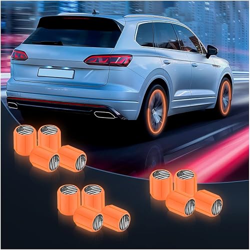 12PCS Glow-in-Dark Tire Valve Stem Caps, Air Covers, Orange Flag | 0.47 Inch diameter, passenger cars/SUVs/trucks/bikes, ABS/phosphor body, hand screw-on, light-charged, exterior accessories