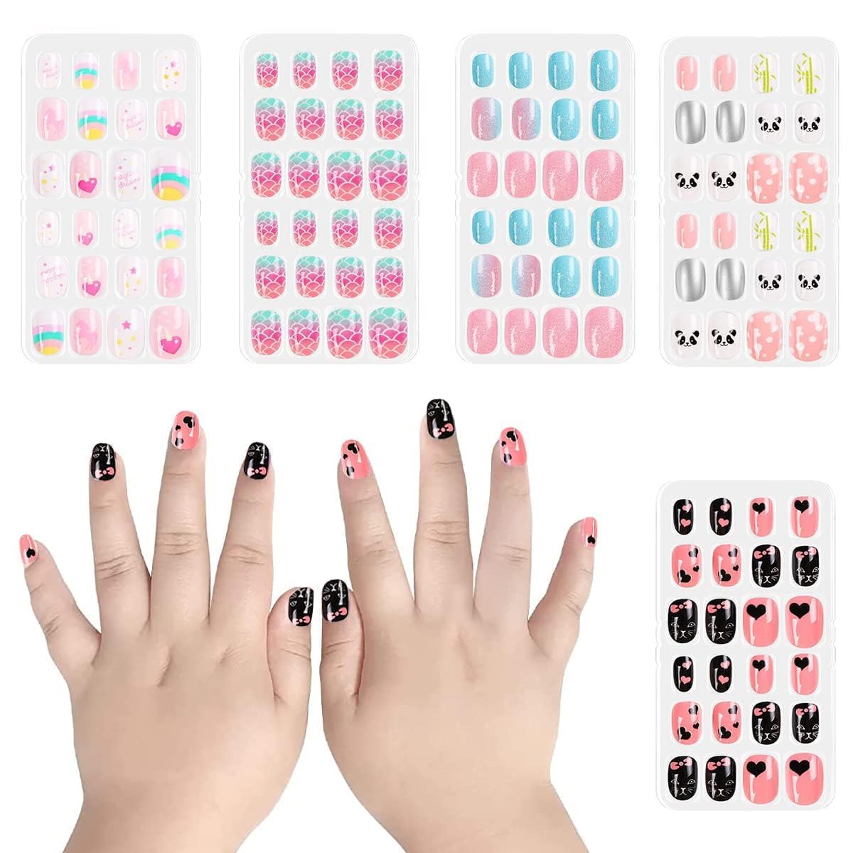 COZMAX 96 pcs Press on Nails for Kids, Children Acrylic Fake Nails, Pre-glue Full Cover Glitter Gradient Color, Lovely Press on French Nails for Girl’s, Decoration, Lightweight Multi Color