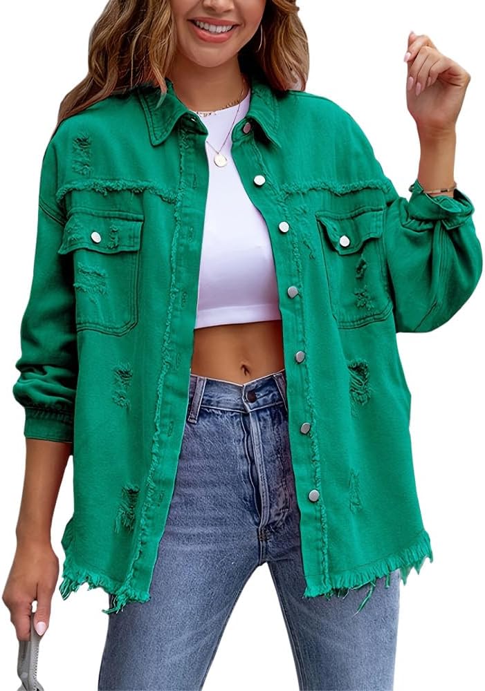 Womens Ripped Denim Jacket Frayed Hem Distressed Jacket Button Front Boyfriend Jean Coat Western Shirt with Pockets