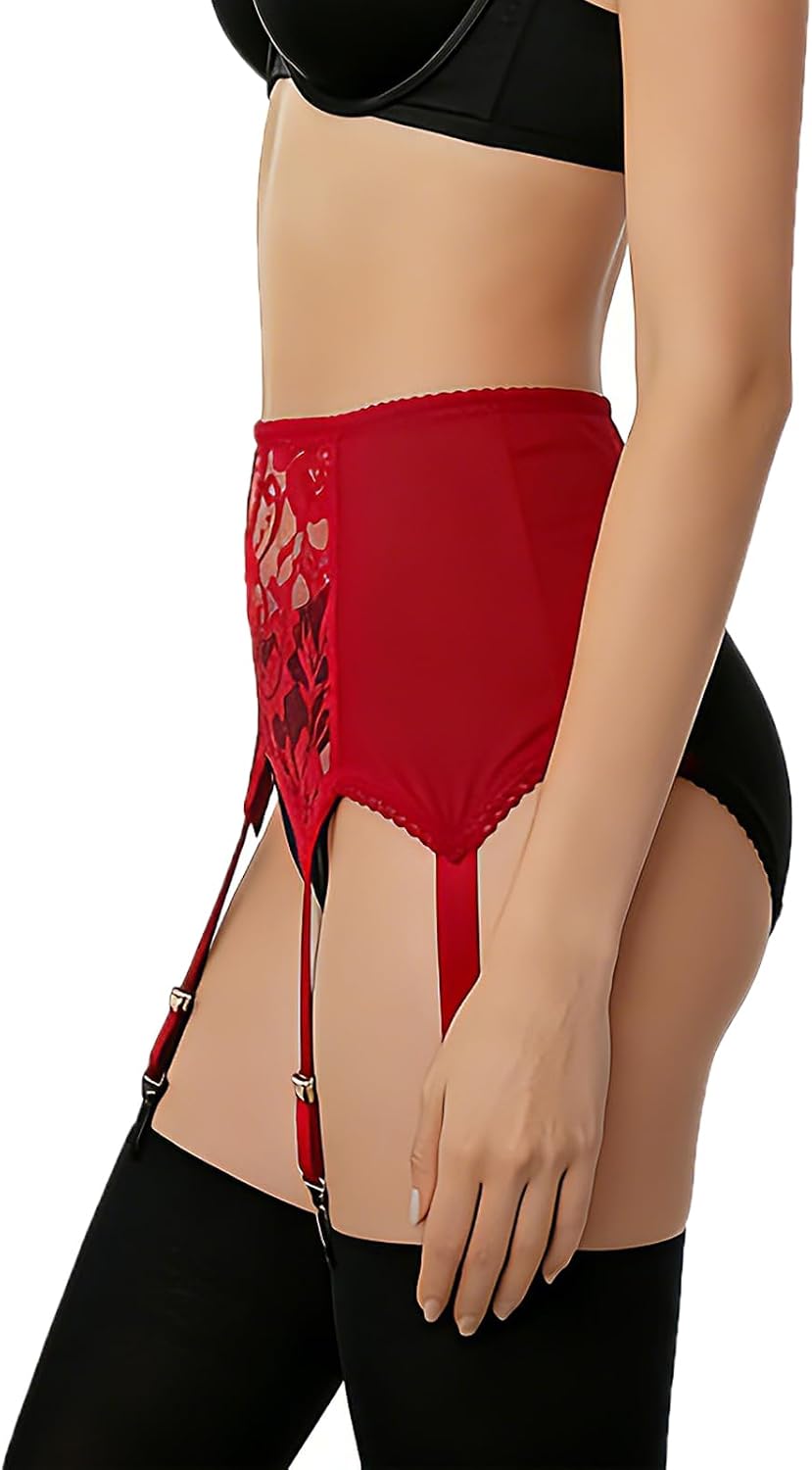 Womens Sexy Garter Belt 6 straps Lace Patchwork High Waist Suspender Belt Lingerie Leg Garters