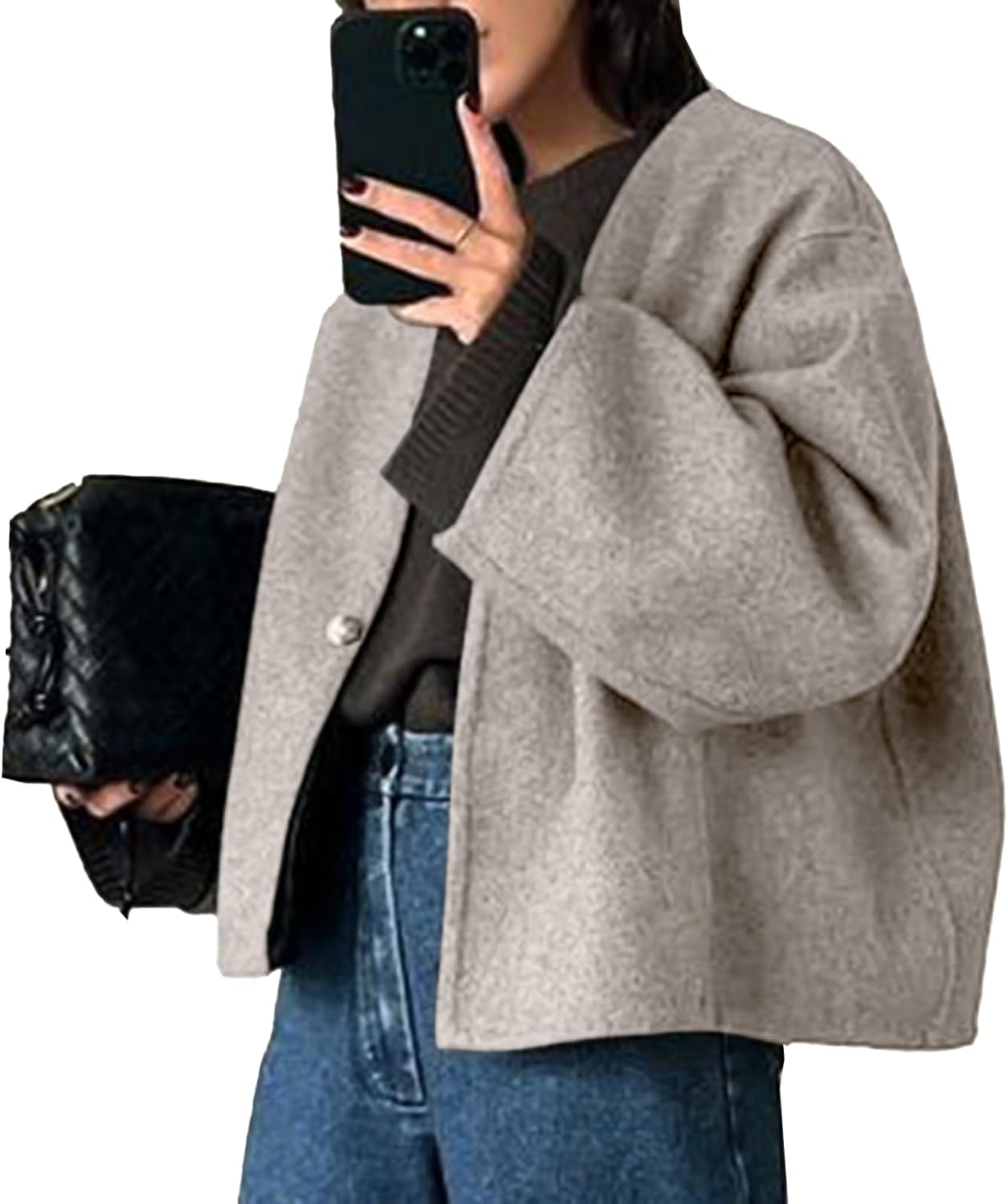 HOTIAN Women Cropped Wool Blend Coats Long Sleeve Coat Jacket Peacoat Fall Winter Outwear Overcoat