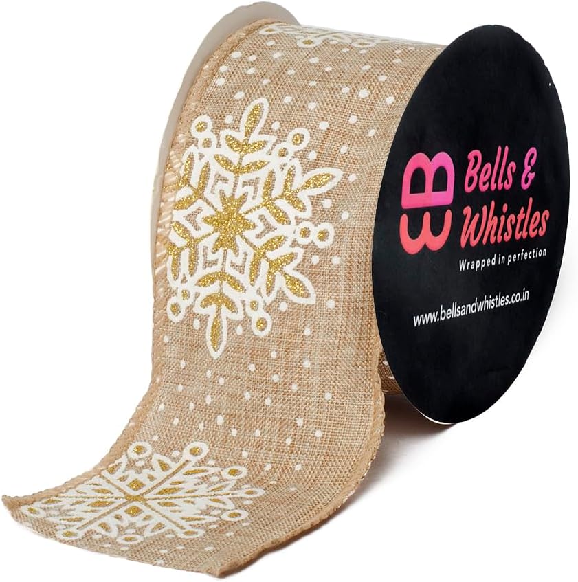 SAINI PUSTAK BHANDARBells and Whistles Natural Tan Faux Jute with White Snowflake Wired Ribbon for Home Decor, Gift Wrapping, DIY Crafts, Tan/White2.5 inch 5 Yards