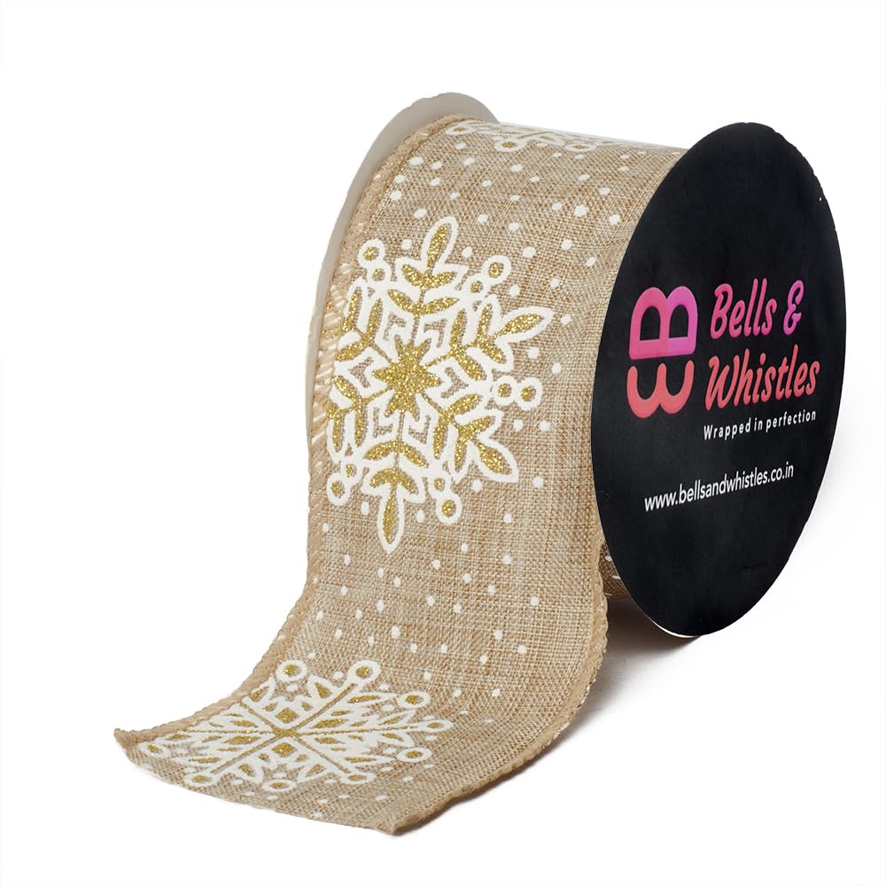 SAINI PUSTAK BHANDARBells and Whistles Natural Tan Faux Jute with White Snowflake Wired Ribbon for Home Decor, Gift Wrapping, DIY Crafts, Tan/White2.5 inch 5 Yards