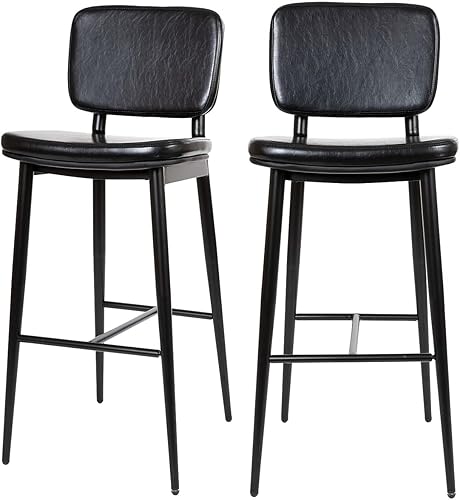 Flash Furniture Kenzie Taburetes de bar de respaldo medio de grado comercial, tapicería LeatherSoft negra, marco de hierro negro con reposapiés