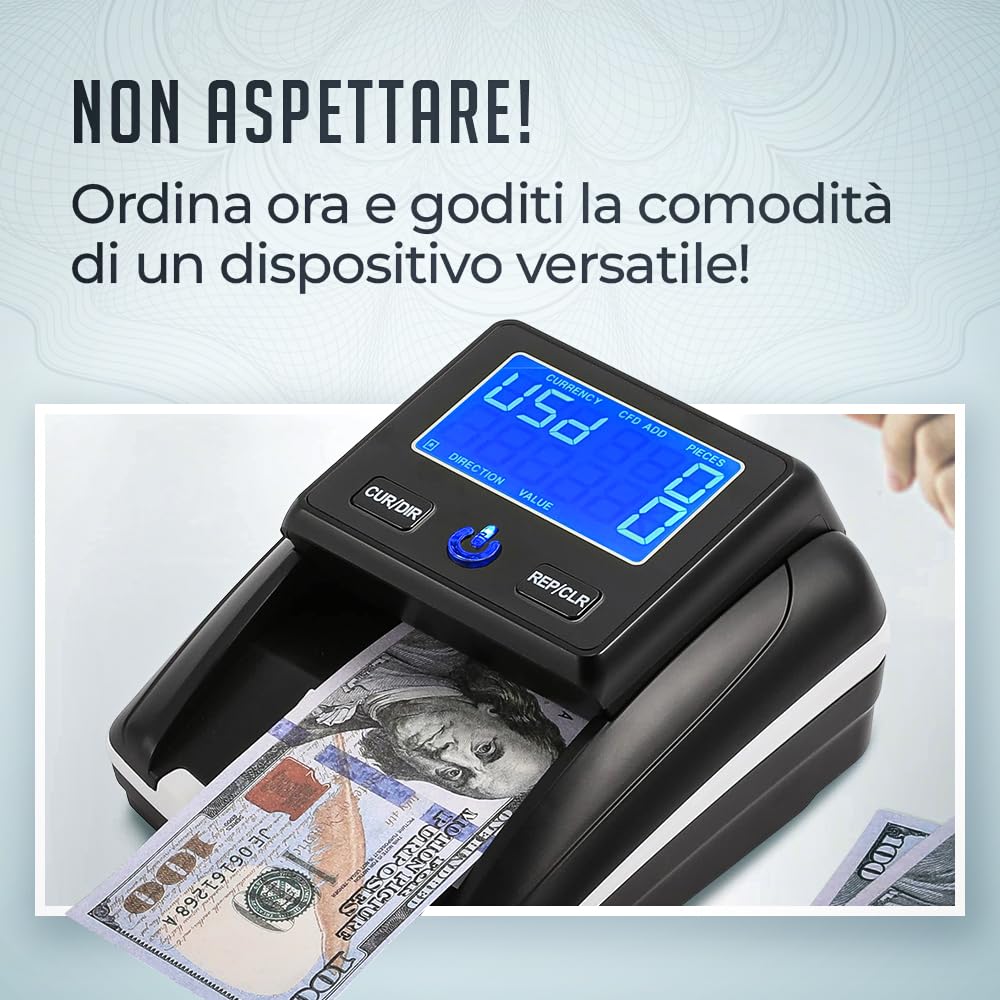 Rilevatore e Conta Banconote Portatile Senza Fili – Verifica Banconote False con 7 Controlli, Display LCD, Aggiornabile via USB, Batteria Inclusa, Testato al 100% per Euro