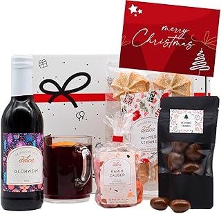 Geschenkset "Glühwein & Schokolade" | Weihnachten Präsentkorb gefüllt mit Wein, Keksen, Schokolade Pralinen & Grußkarte | Geschenkkorb für Frauen & Männer
