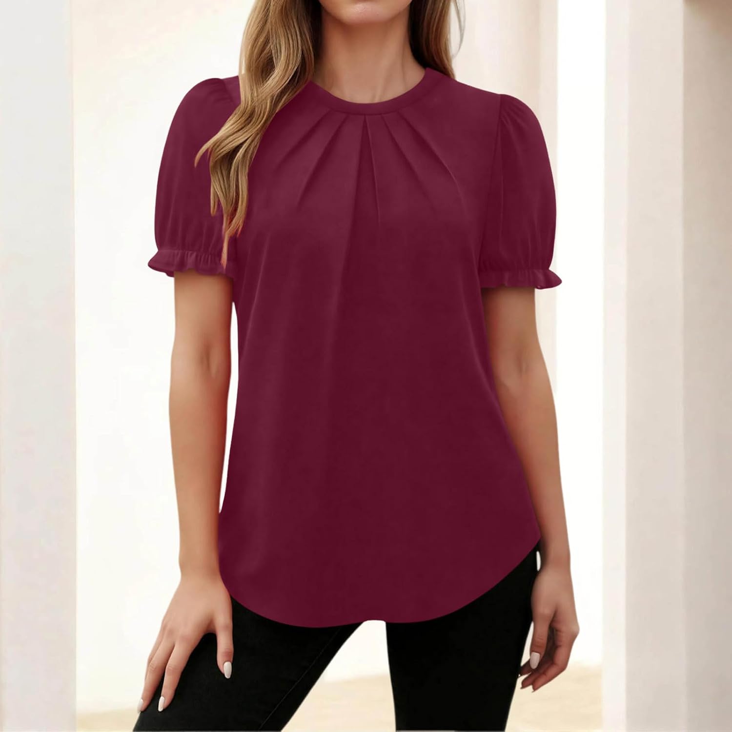 Womens Pleated Tops Short Sleeve Round Neck T Shirts Summer Spring Vacation Clothes Business Casual Loose Blouses