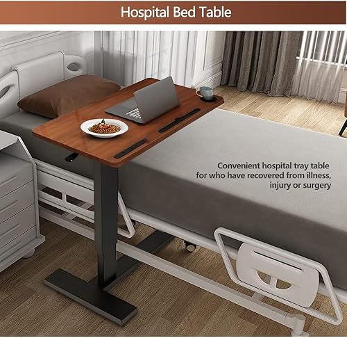 Miniatura 8 de Mesa de cama para cama de hospital, mesas de cama neumáticas ajustables sobre la cama con ruedas ocultas y USB de nuez+mármol blanco