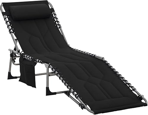 Miniatura 11 de Outsunny Tumbona plegable acolchada, silla de bronceado reclinable de 6 niveles para exteriores, con reposacabezas para playa, patio, piscina, beige