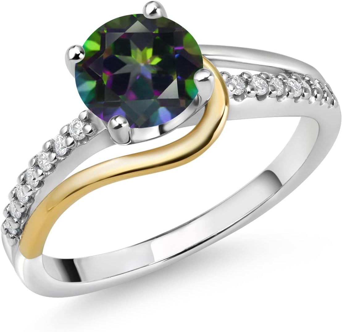 Gem Stone King 1.41 Cttw 925 Sterling Silver and 10K Yellow Gold Round Green Mystic Topaz and White Moissanite Engagement Ring For Women | Round 7MM