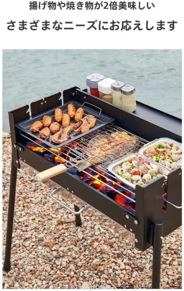 EnergyDeer折りたたみ式大型ステンレスバーベキューグリル火力調節可能、調味料ラック付き、多機能グリル (a,a)