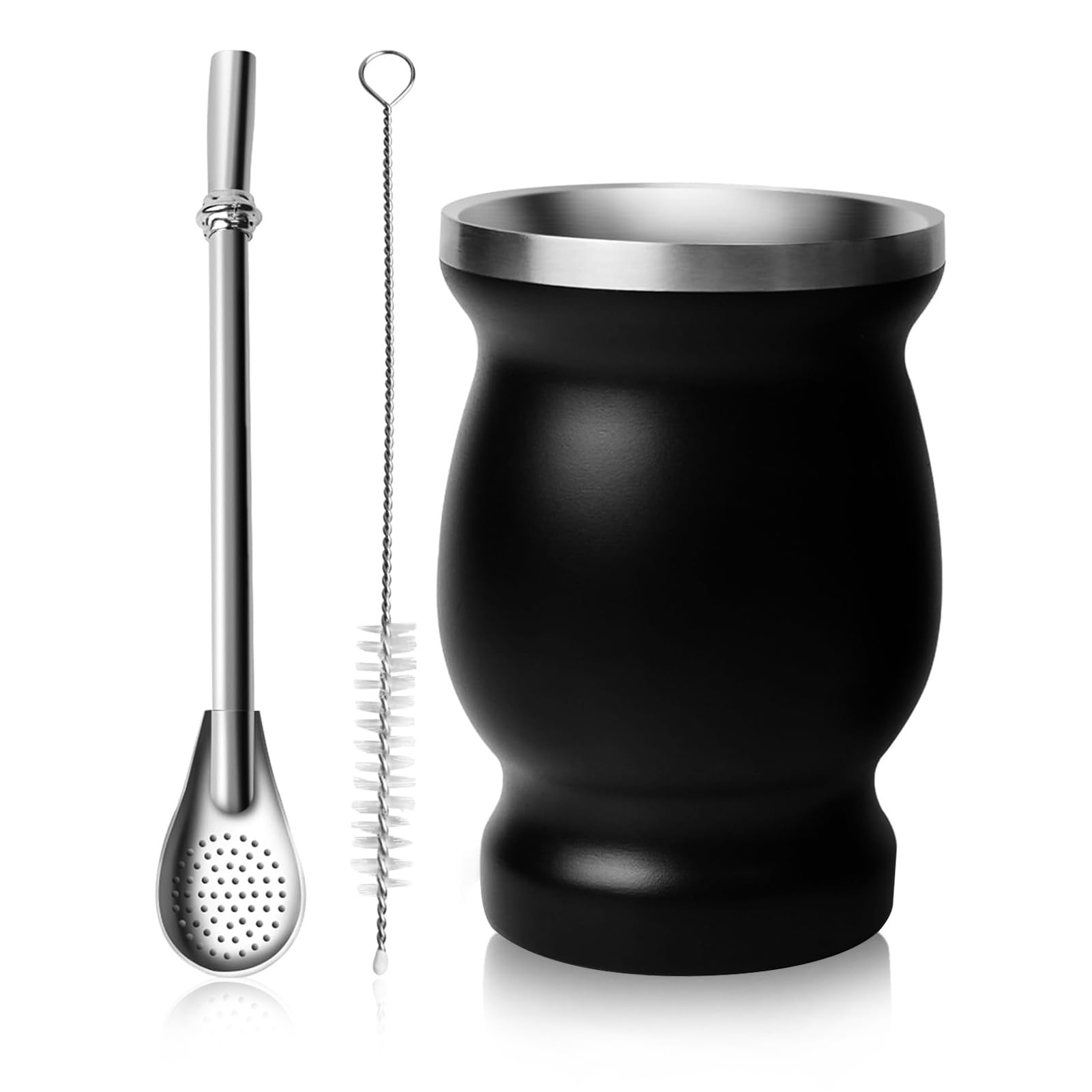 Yerba Mate Cup Set, Stainless Steel Double Wall Mate Cup and Bombilla Set Yerba Mate Gourd with Straw Cleaning Brush Yerba Mate Kit Tea Brewing Gifts