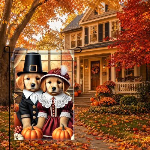 Image of BlissYard Fall Garden Flag 12x18 Inch Golden Retriever Pilgrim Puppie Decor | Double sided polyester, fall pilgrim cat pumpkin design, fall Thanksgiving porch and yard