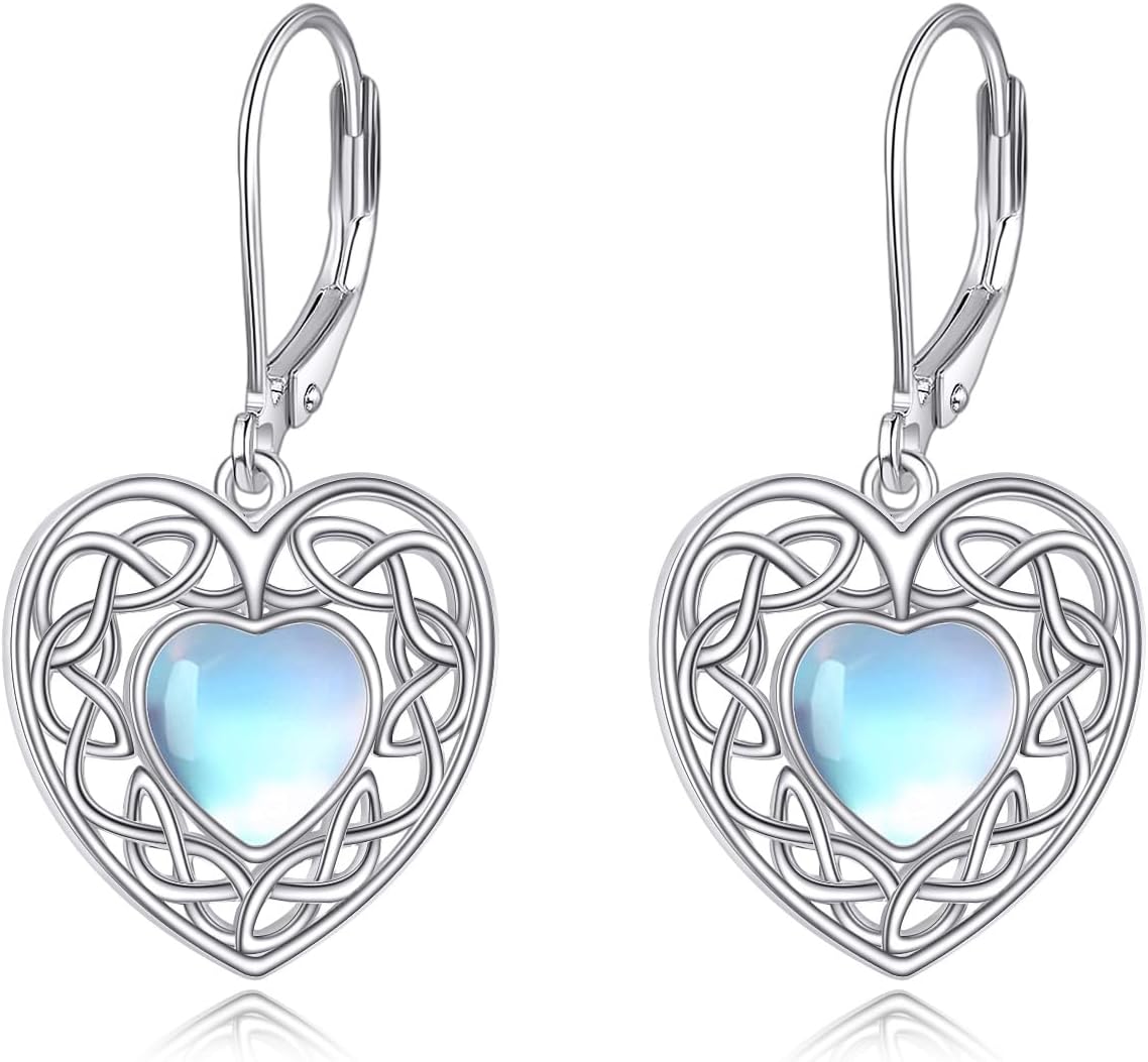 Celtic Moonstone Drop Earrings 925 Sterling Silver Heart Moonstone Dangle Earrings Irish Celtic Knot Jewelry Gift for Women