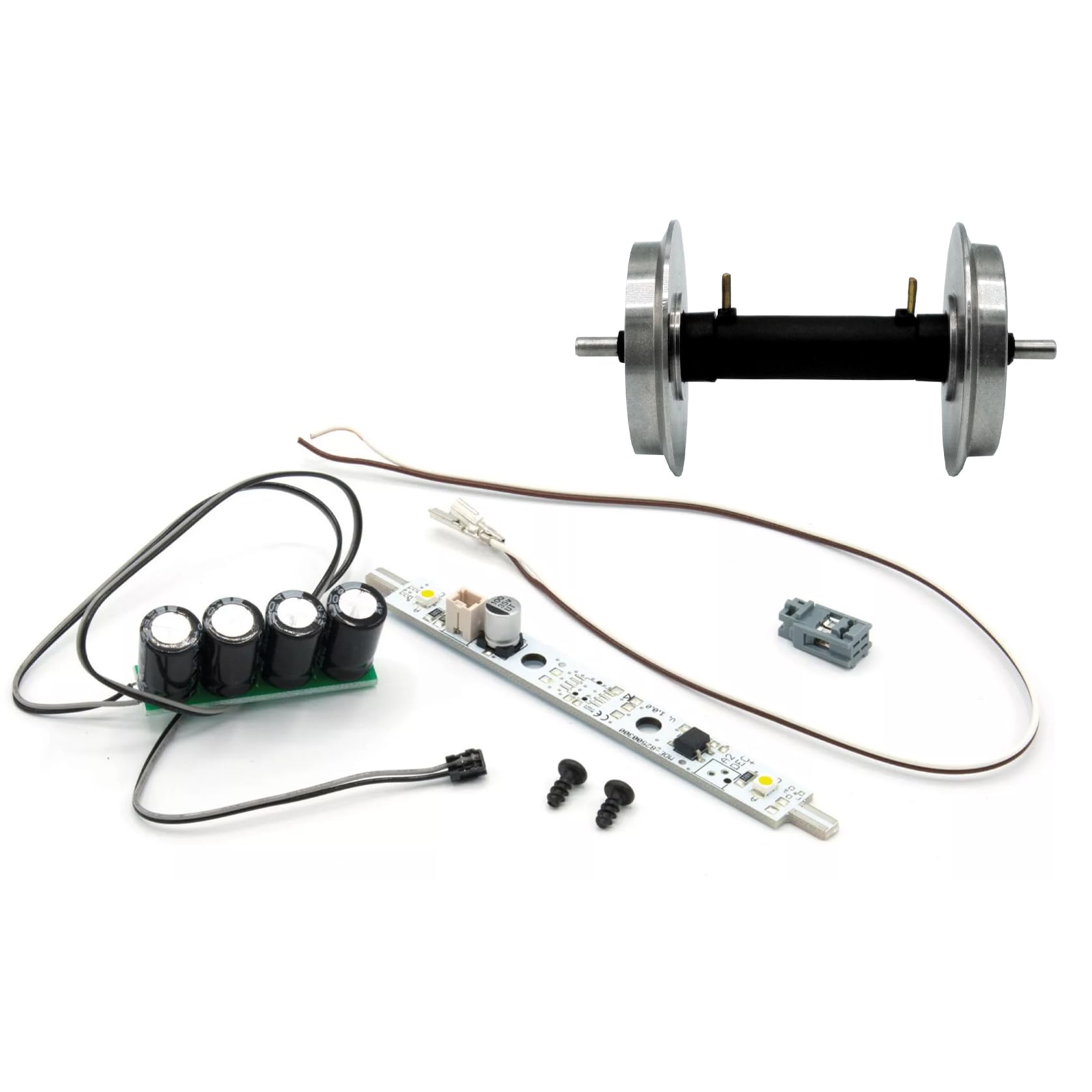 Beleuchtungs-Set mit LED-Lichtleiste analog und kugelgelagertem Voll-Radsatz - Für die Innenbeleuchtung in Personenwagen und Gebäuden - Gartenbahn Spur G Zubehör (Kurze Wagen)