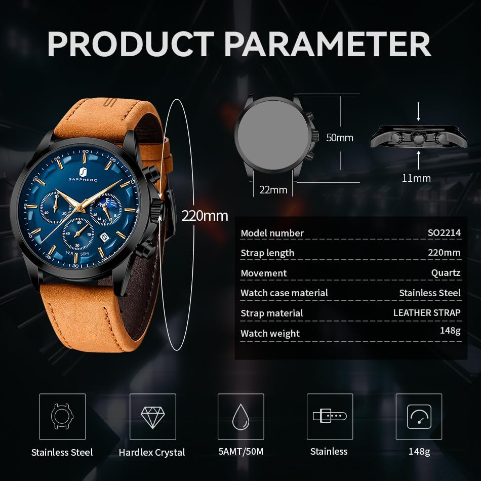 BENYAR Men's Watches Chronograph 50M Waterproof Watch for Men Business Work Sports Casual Fashion Brown Leather Dress Wrist Watch Unique Elegant Gifts for Men - Image 6