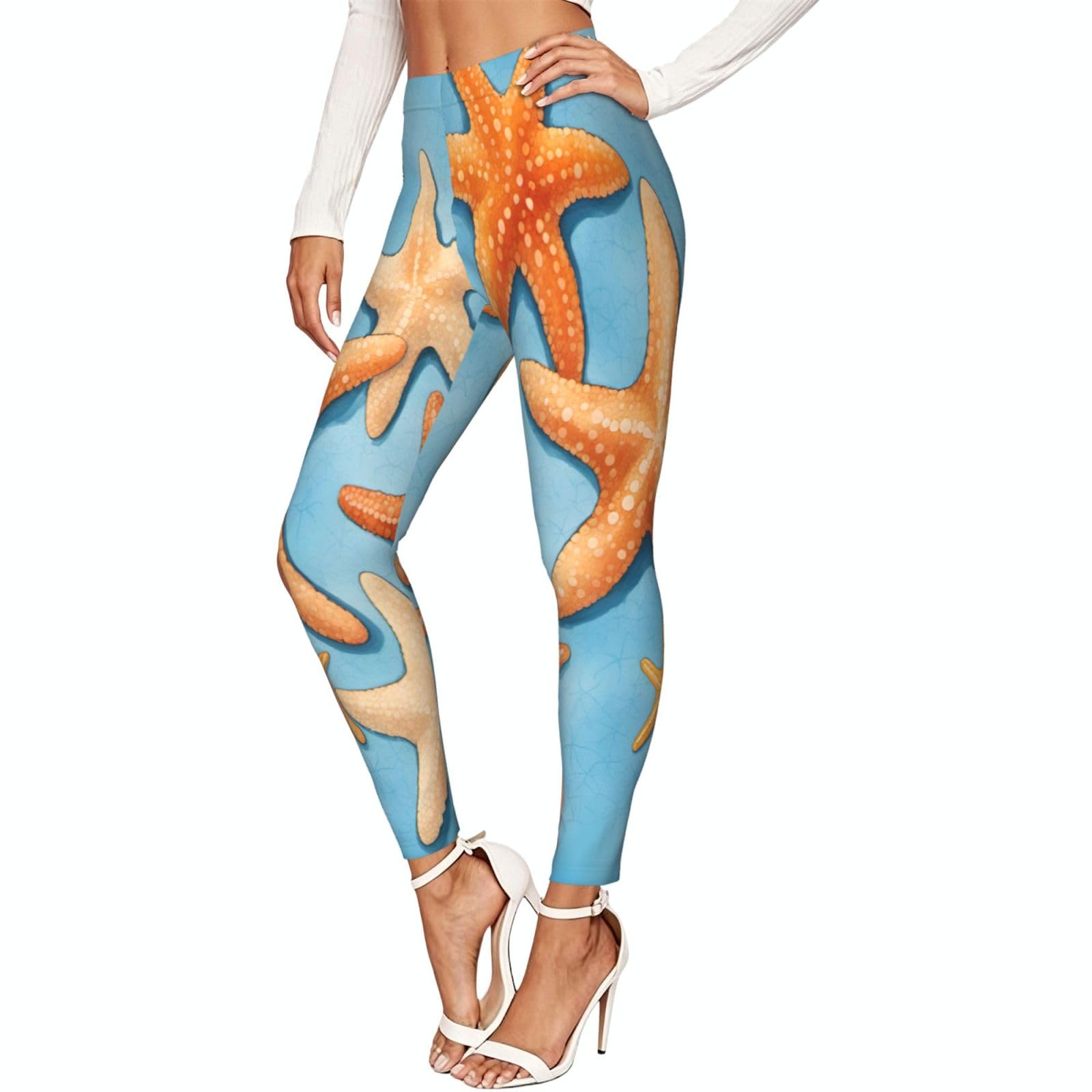 Leggings elásticos para mujer con estampado de estrella de mar azul 8