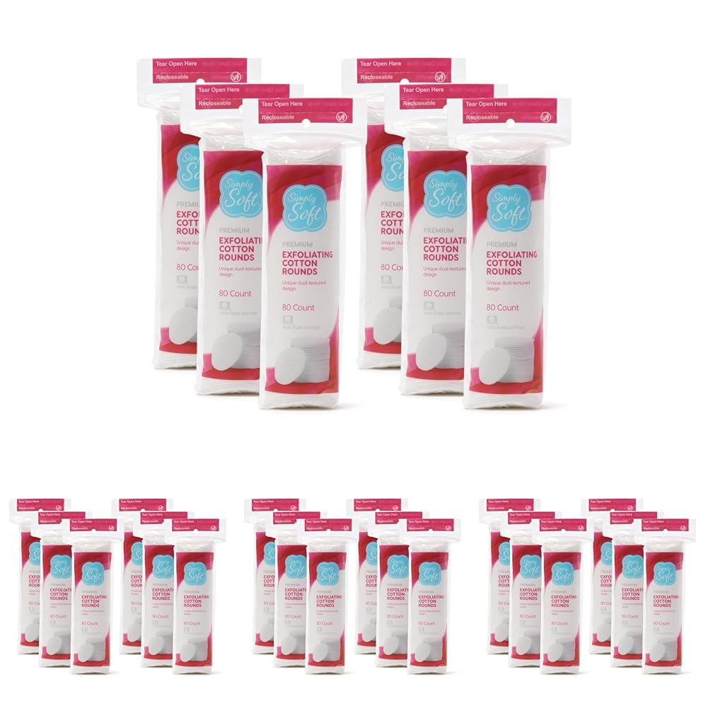 Simply Soft Hypoallergenic Exfoliating Dual Textured Cotton Rounds Pads, 80 Count (Pack of 6)