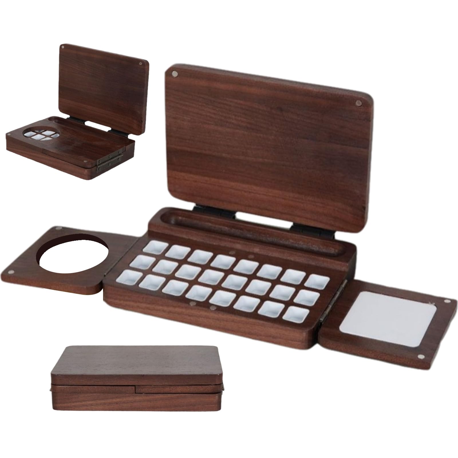 Paleta de acuarela de madera de 24 rejillas caja plegable con imán de 6.7 x 4.7 x 1.6 pulgadas