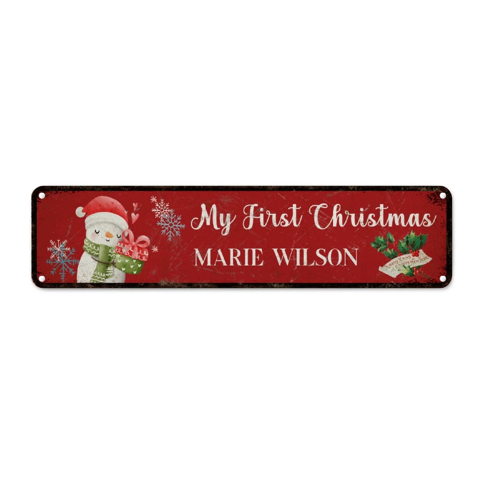 Panneau mural en métal personnalisé Mon Premier Noël Bonhomme de Neige Vintage Rouge 61x15,2 cm